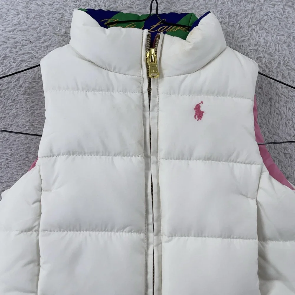 Polo Ralph Lauren Girls 2T Reversible Down Puffer Vest Pink‎ White Quilted Pony